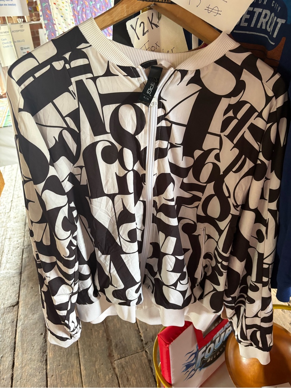 MPG Black & White Graphic Zip Bomber Jacket